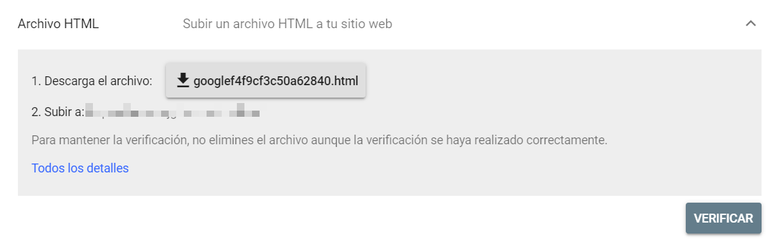 Verificar un dominio en Google Search Console subiendo un archivo HTML