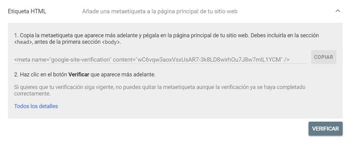 Verificar un dominio en Google Search Console mediante una etiqueta HTML