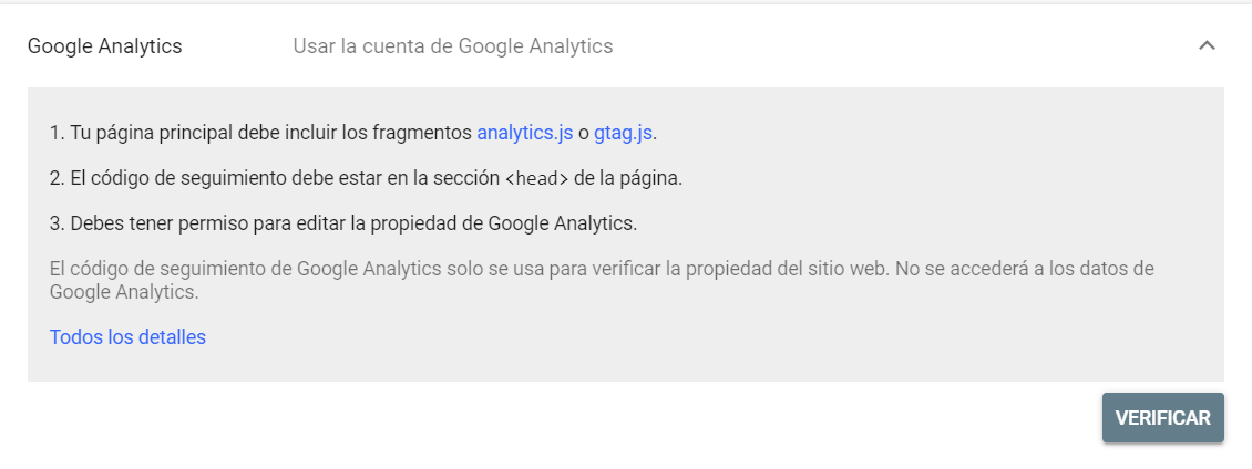 Verificar un dominio en Google Search Console mediante Google Analytics