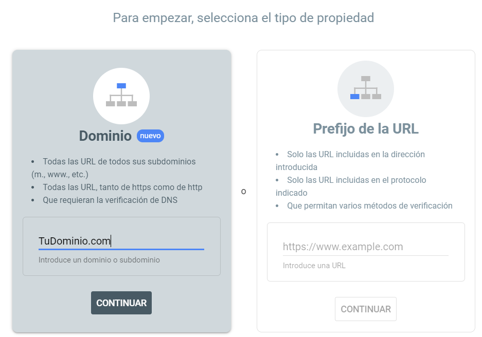 Seleccionar el tipo de verificación de un dominio en Google Search Console