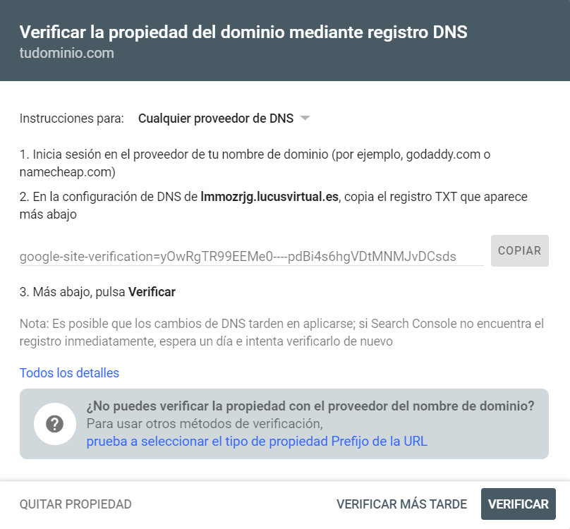 Obtener el registro TXT en Google Search Console