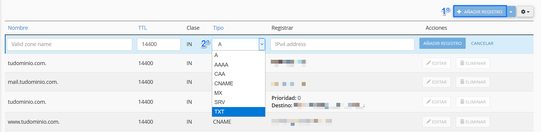 Añadir un registro TXT en la zona DNS para verificar la propiedad de un dominio en Google Search Console