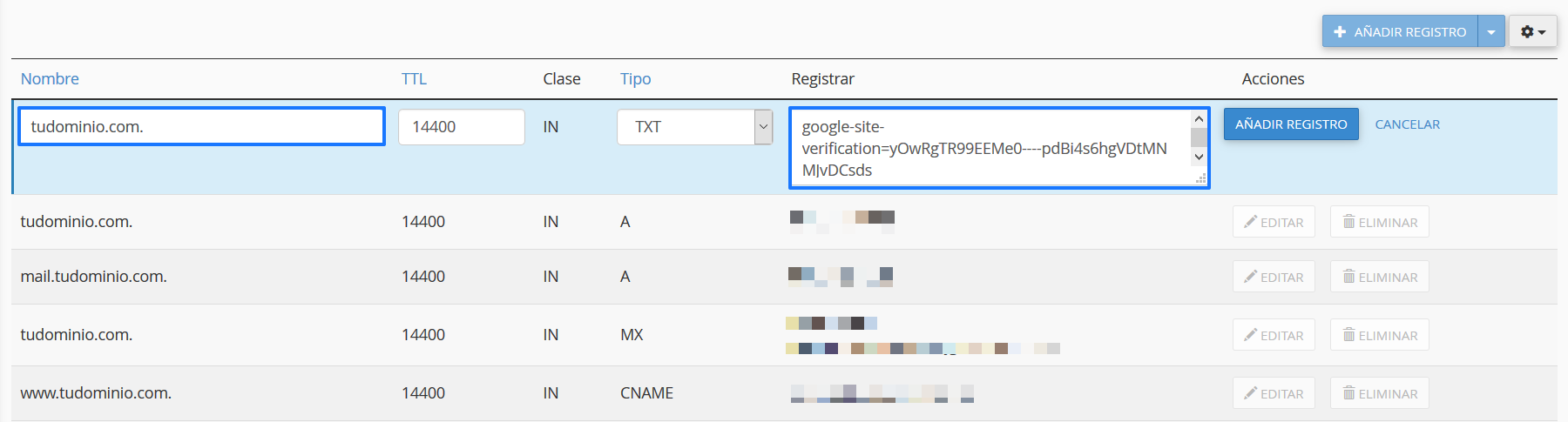 Añadir un registro TXT en cPanel para verificar la propiedad de un dominio en Google Search Console
