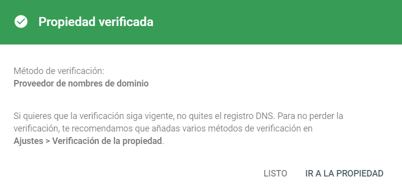 Dominio verificado en Google Search Console