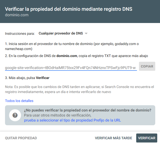 Verificar la propiedad de un dominio en Search Console