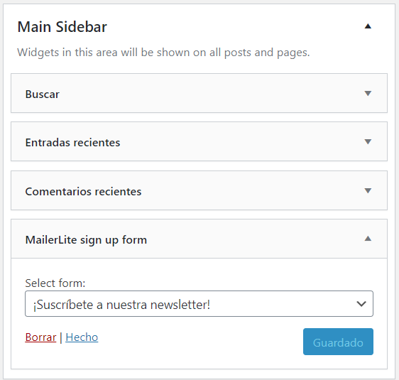 Añadir un formulario de suscripción a WordPress mediante el widget de MailerLite