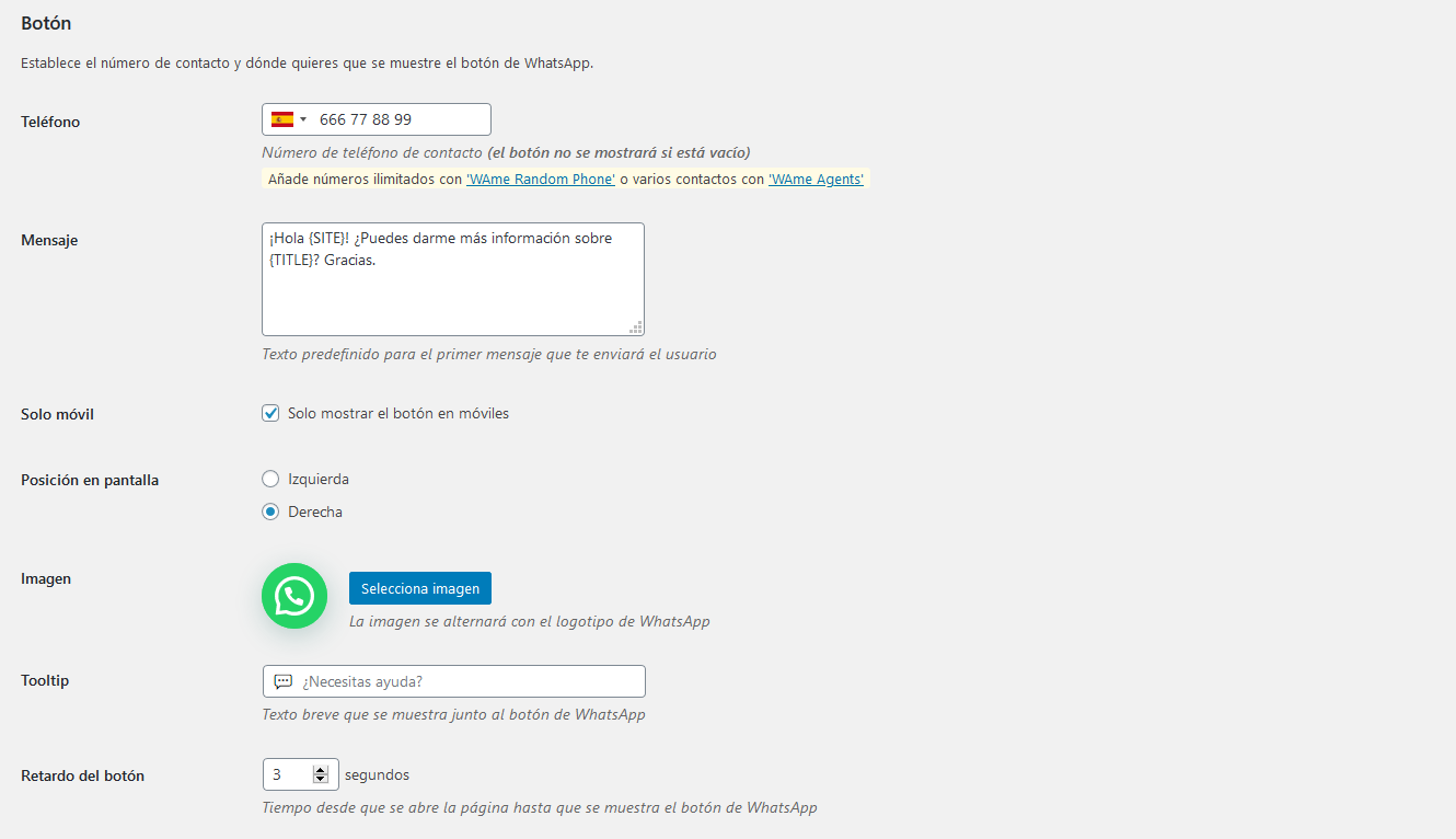 Ajustes generales del botón en el plugin VVAme Chat WordPress