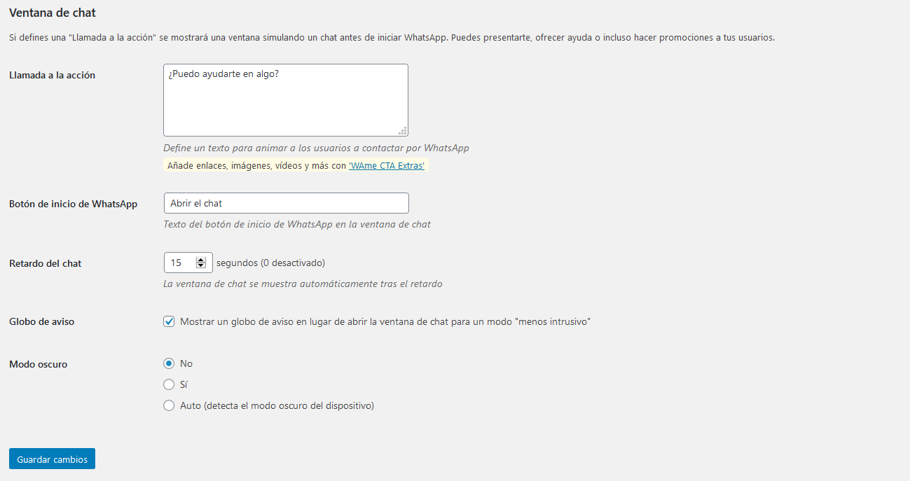 Ajustes ventana de chat en el plugin VVAme de WordPress