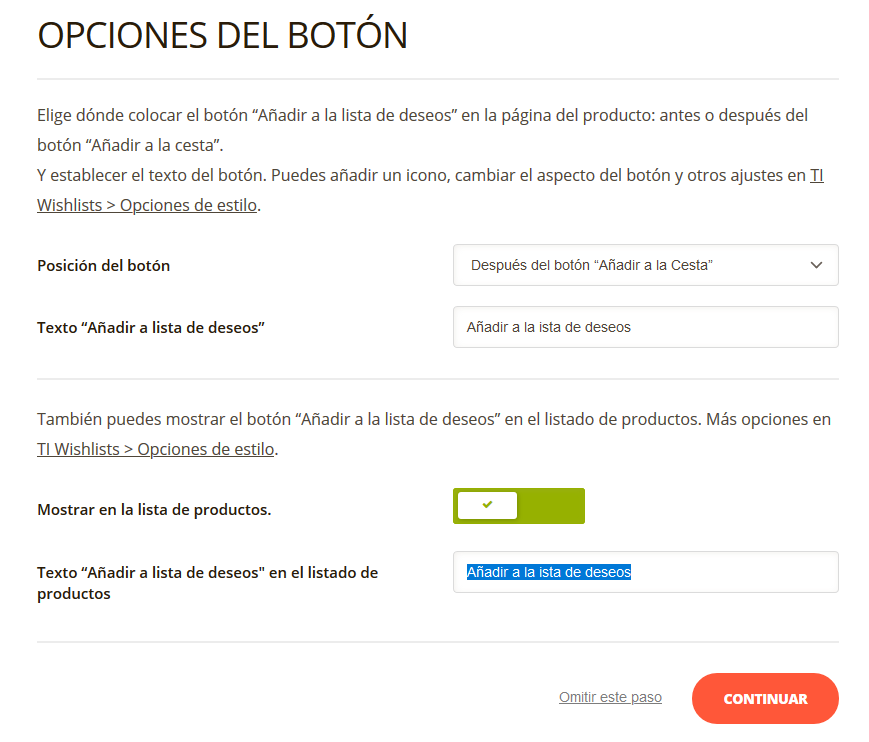 Configuración del call to action en el plugin TI WooCommerce Wishlist