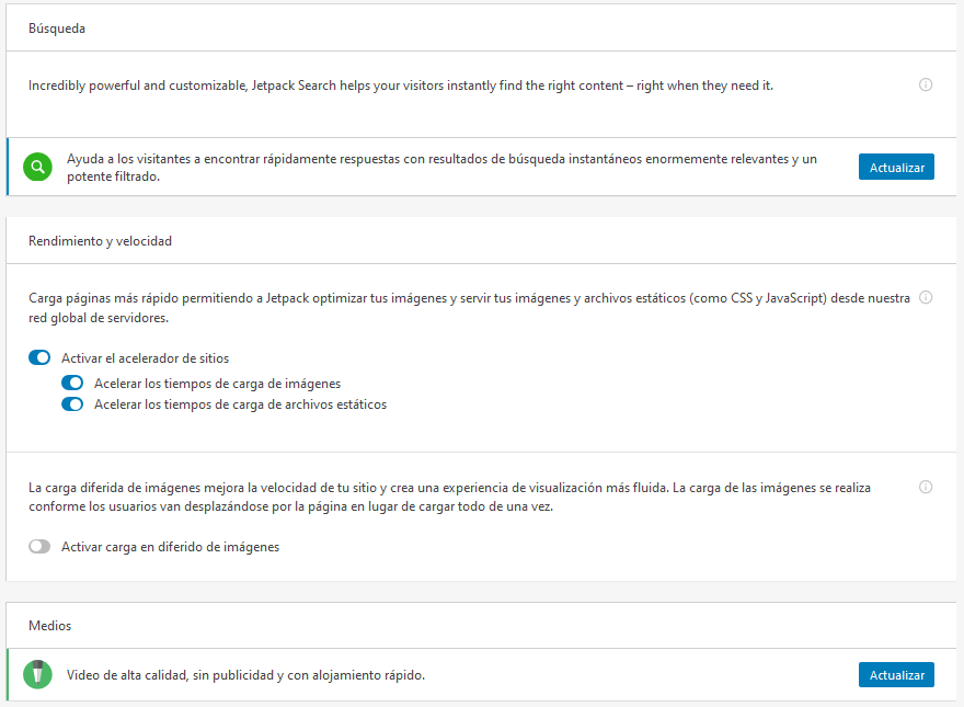 Configuración del bloque de rendimiento de Jetpack