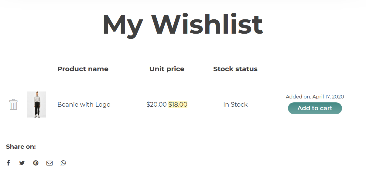 Página de la lista de deseos con el plugin YITH WooCommerce Wishlist