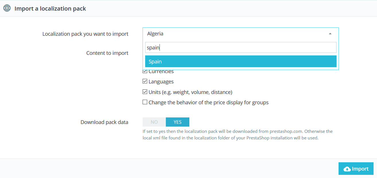Importar el paquete de idioma en PrestaShop 1.7