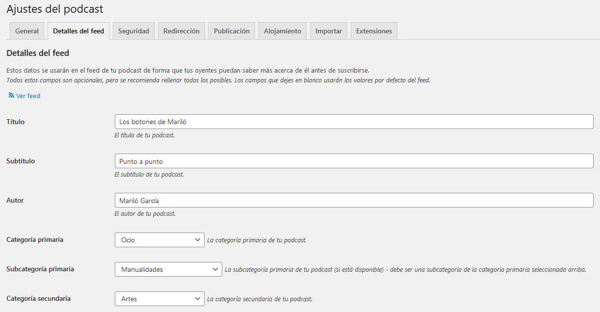 Configuración del plugin de podcasts Seriously Simple Podcasting