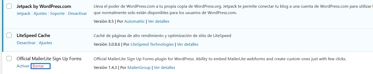 Desinstalar el plugin de MailerLite para WordPress