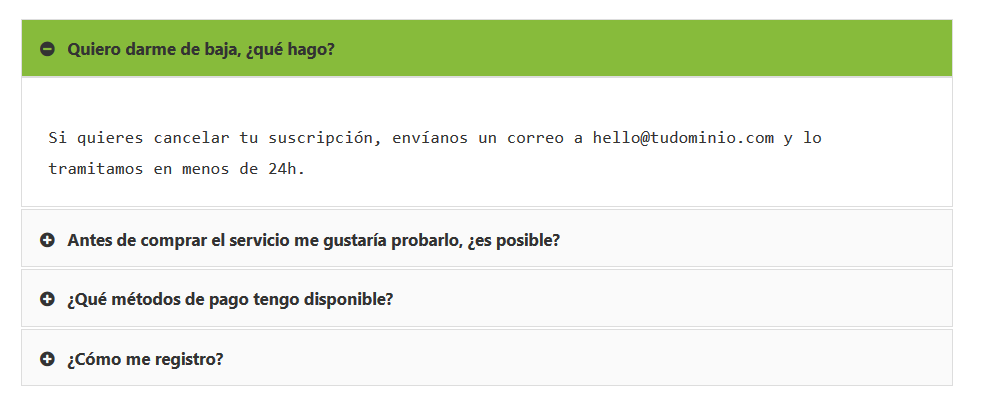 Ejemplo de una sección de preguntas frecuentes con el plugin Quick and Easy FAQs