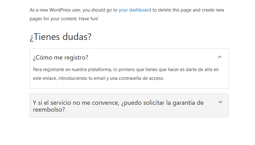 Ejemplo de una sección de FAQs con el plugin WP Responsive FAQs