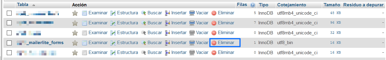 Eliminar una fila de la tabla de la base de datos