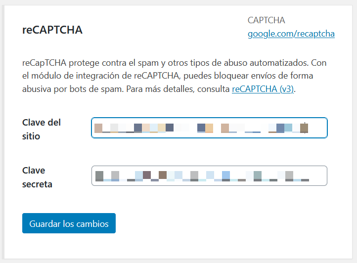 Añadir las claves de Google reCAPTCHA en Contact Form 7