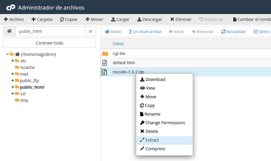 Descomprimir la carpeta de Moodle utilizando el Administrador de archivos de cPanel