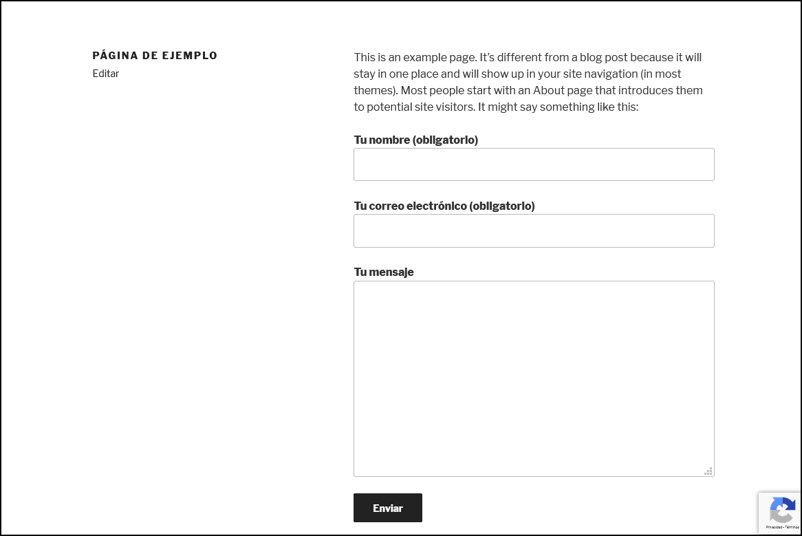 EJemplo de un formulario de contacto protegido con Google reCAPTCHA