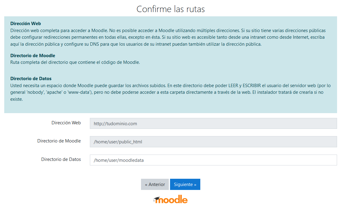 Confirmación de directorios al instalar Moodle