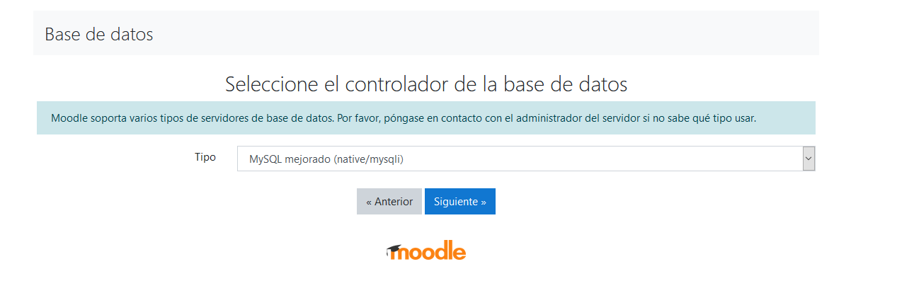 Seleccionar base de datos en la instalación de Moodle