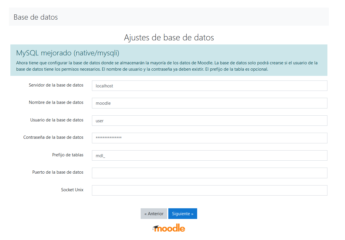 Cubiri información de la base de datos para finalizar la instalación de Moodle