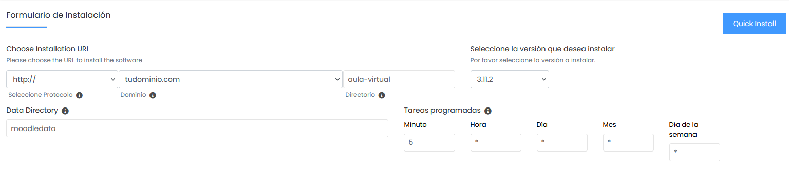 Formulario de instalación de Moodle