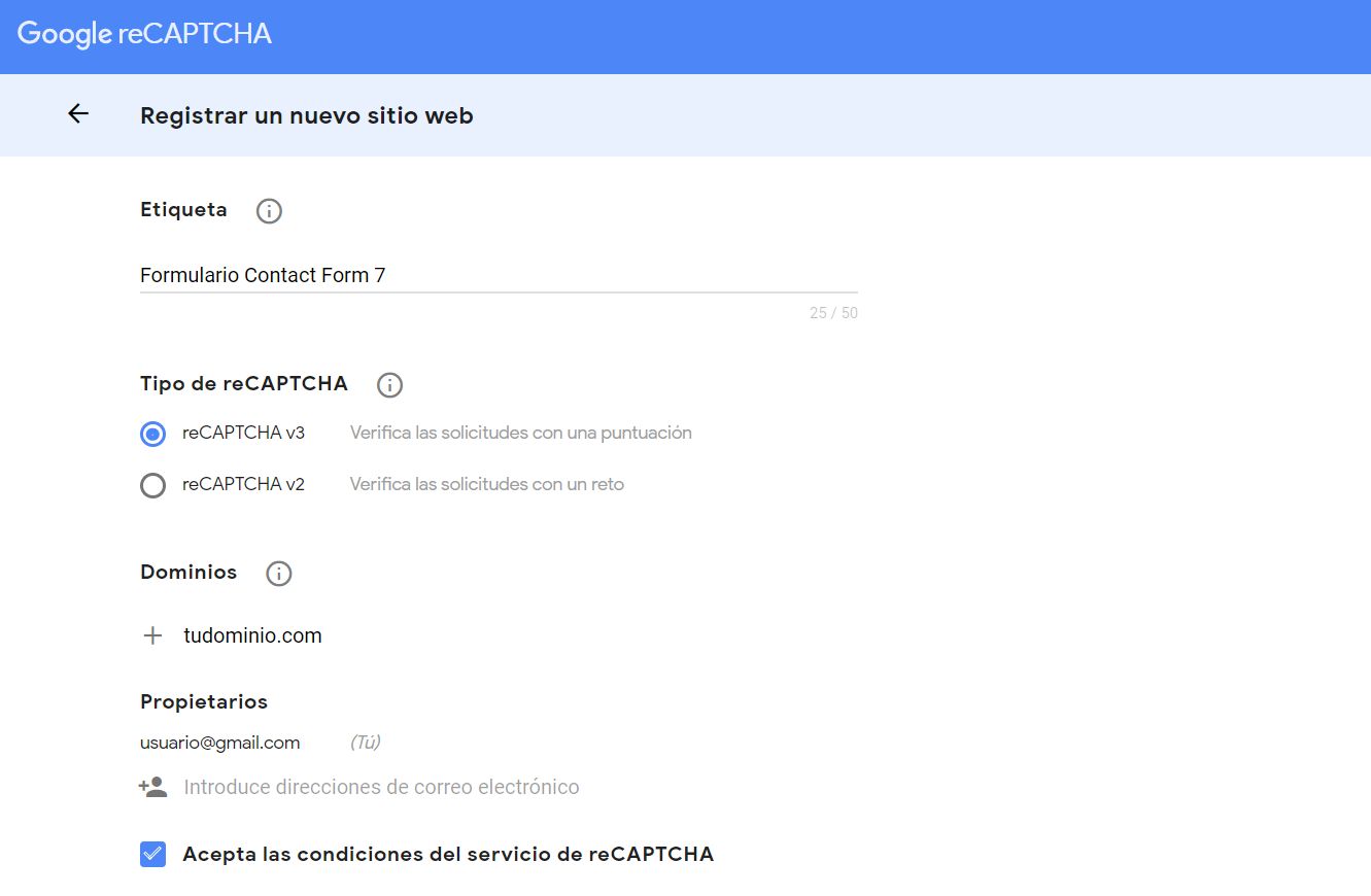 Registrar sitio en Google reCAPTCHA