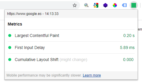 Resultados obtenidos con la extensión Core Web Vitals de Google Chrome