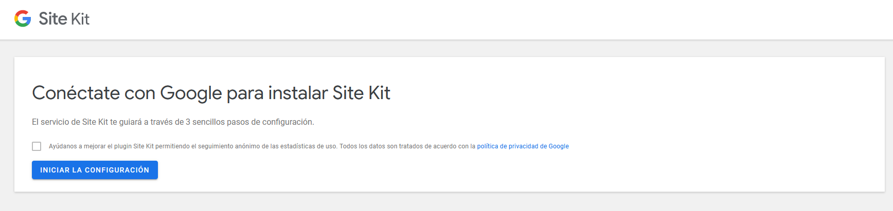 Iniciar la conexión de Site kit con tu cuenta de Google