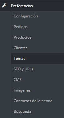 Menú de PrestaShop 1.6: Sección Preferencias - Temas. 