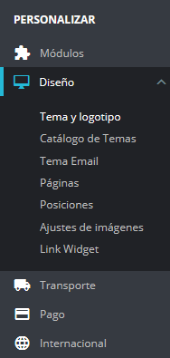 Menú de PrestaShop 1.7: Sección Diseño - Tema y logotipo. 