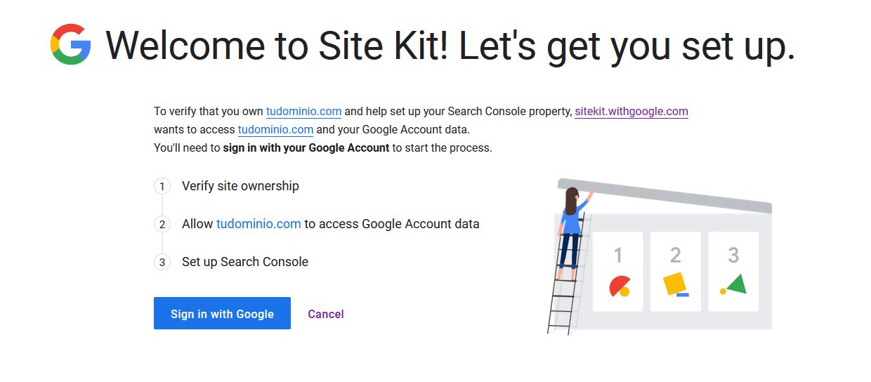 Verificar la propiedad de la página web en el plugin Site Kit by Google
