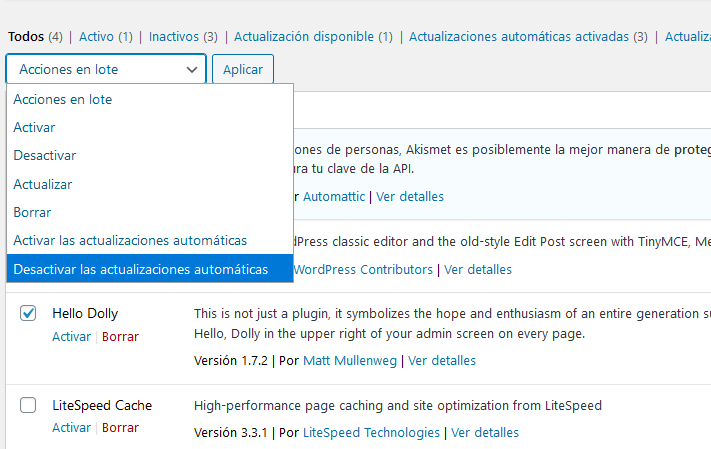 Desactivar en lote las actualizaciones automáticas de WordPress