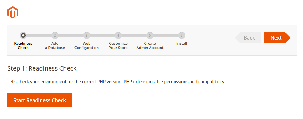 Asistente de instalación de Magento: Readiness check