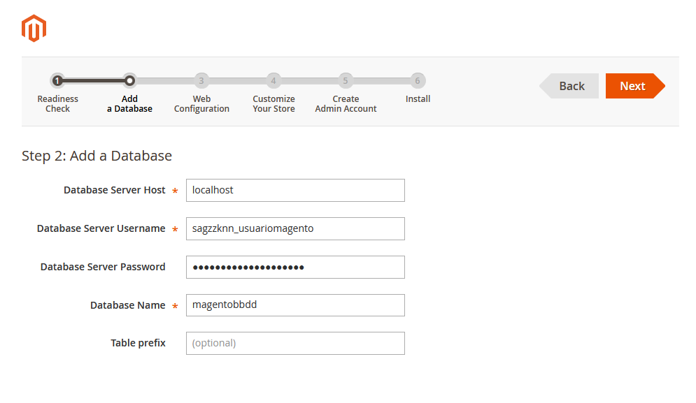 Asistente de instalación de Magento: Información de la base de datos