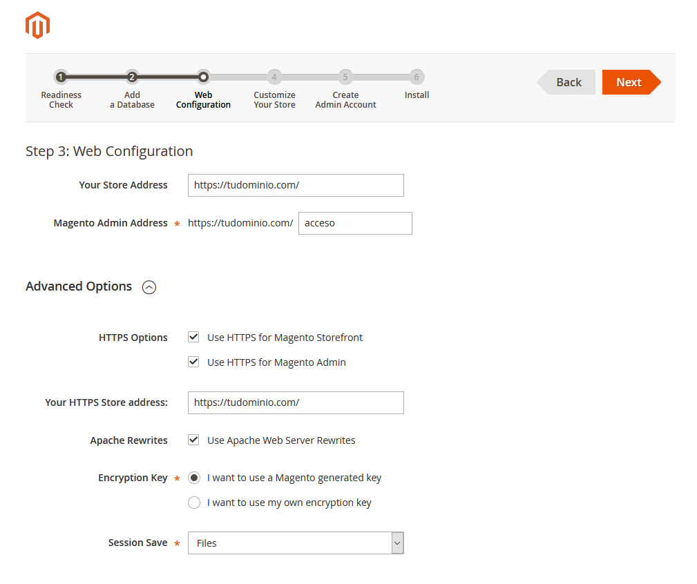 Asistente de instalación de Magento: Configuración web