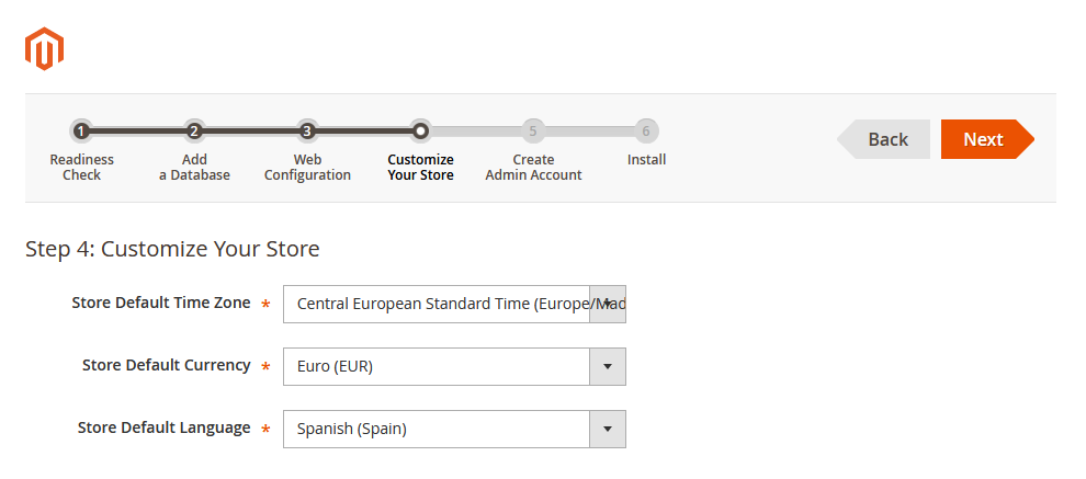 Asistente de instalación de Magento: Zona horaria, moneda e idioma