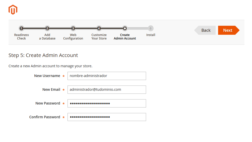Asistente de instalación de Magento: Crear la cuenta de administrador