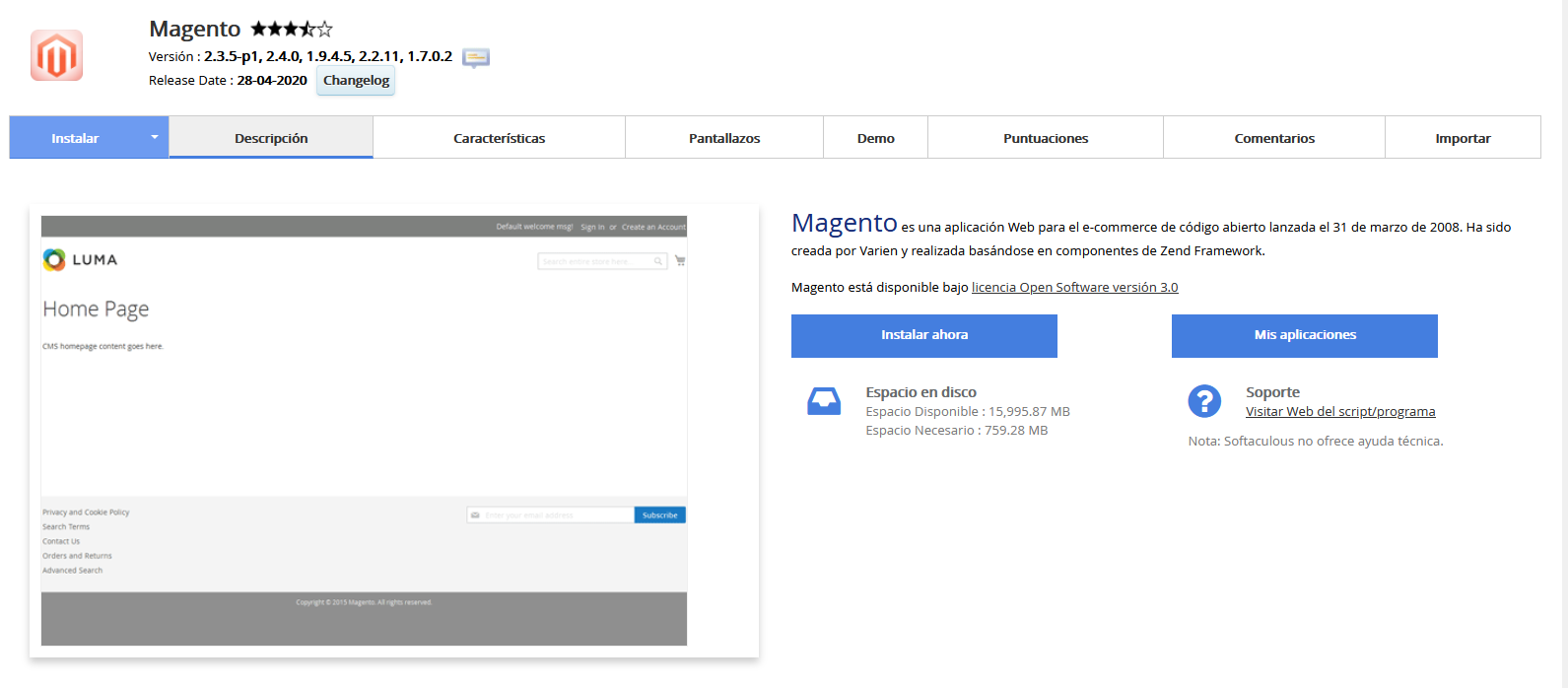 Instalar Magento a través de Softaculous