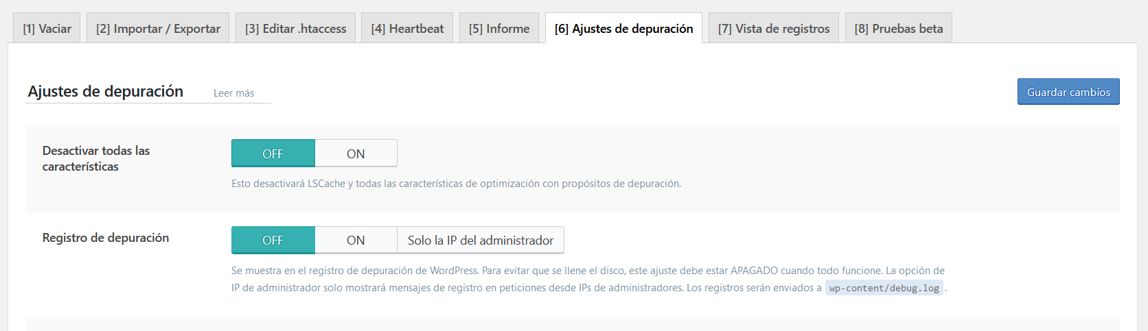 Ajustes de depuración de LiteSpeed Cache for WordPress