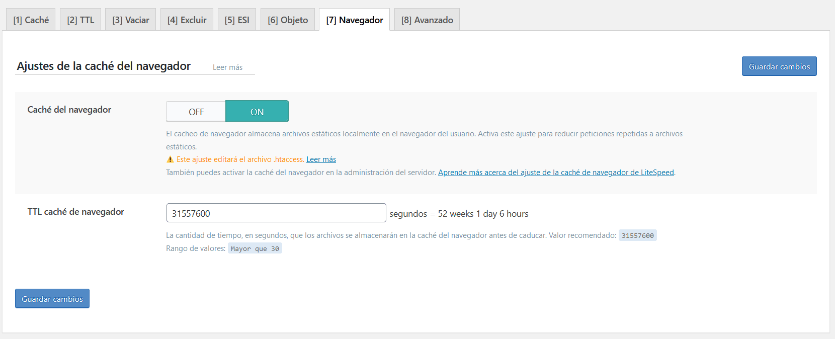 Ajustes de la caché del navegador en LiteSpeed Cache for WordPress