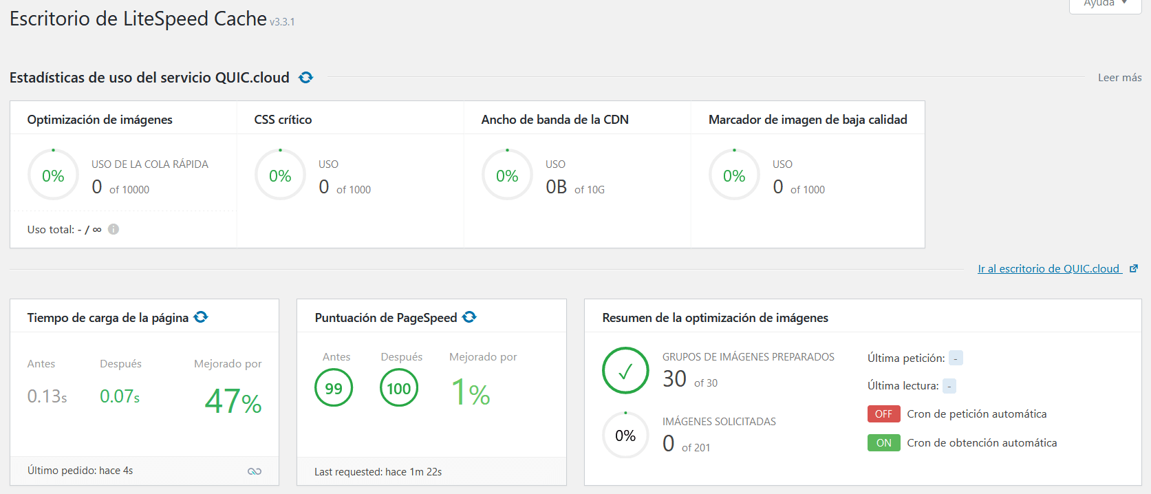 Escritorio de LiteSpeed Cache for WordPress