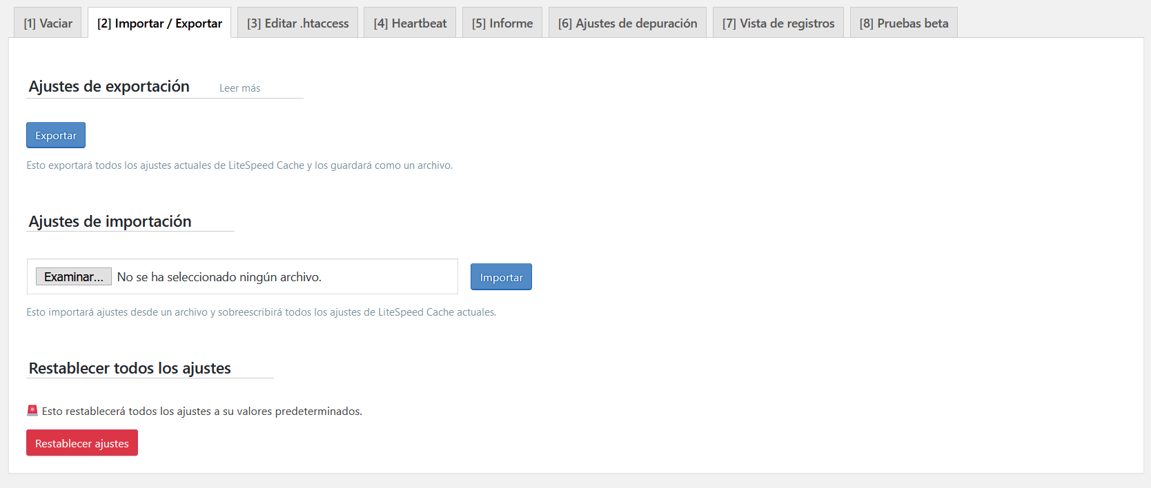 Importar o exportar los ajustes del plugin LiteSpeed Cache for WordPress
