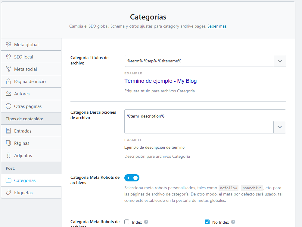 Ajustes de las categorías de WordPress con Rank Math