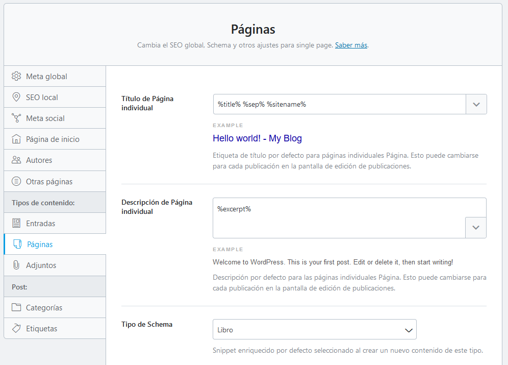 Ajustes de las páginas de WordPress con Rank Math