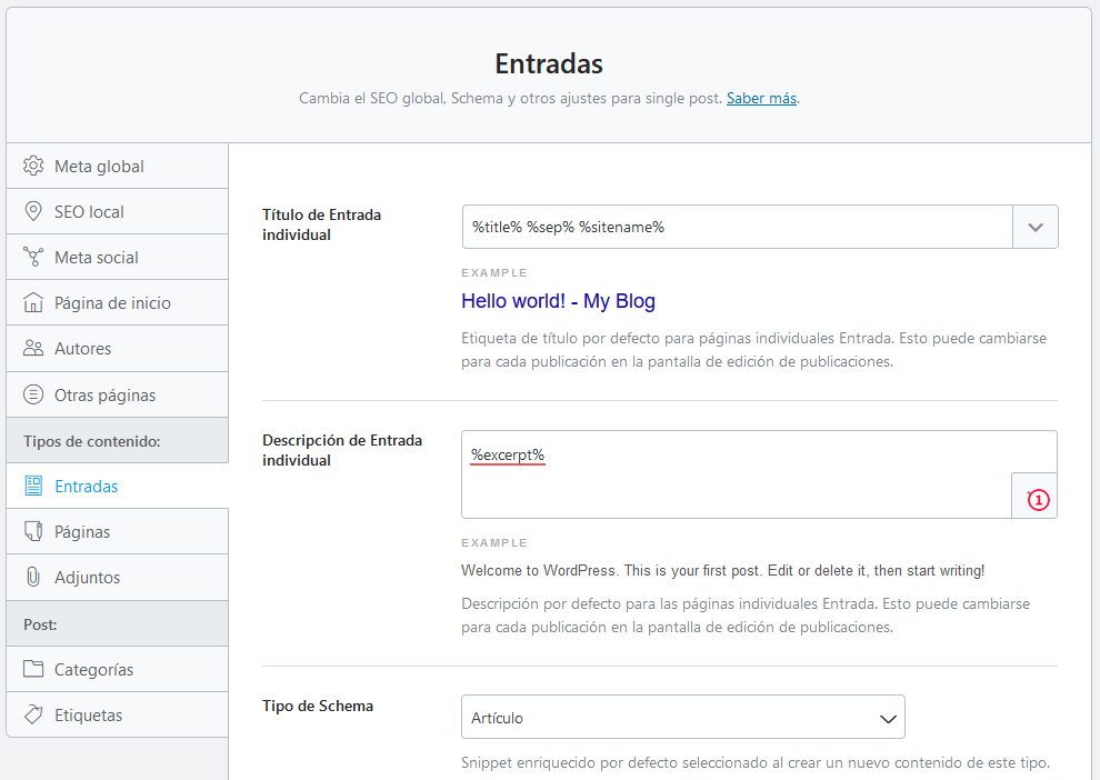 Ajustes de las entradas de WordPress con Rank Math