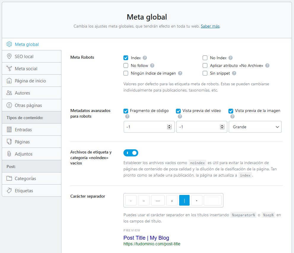 Ajustes de la Meta global de Rank Math SEO