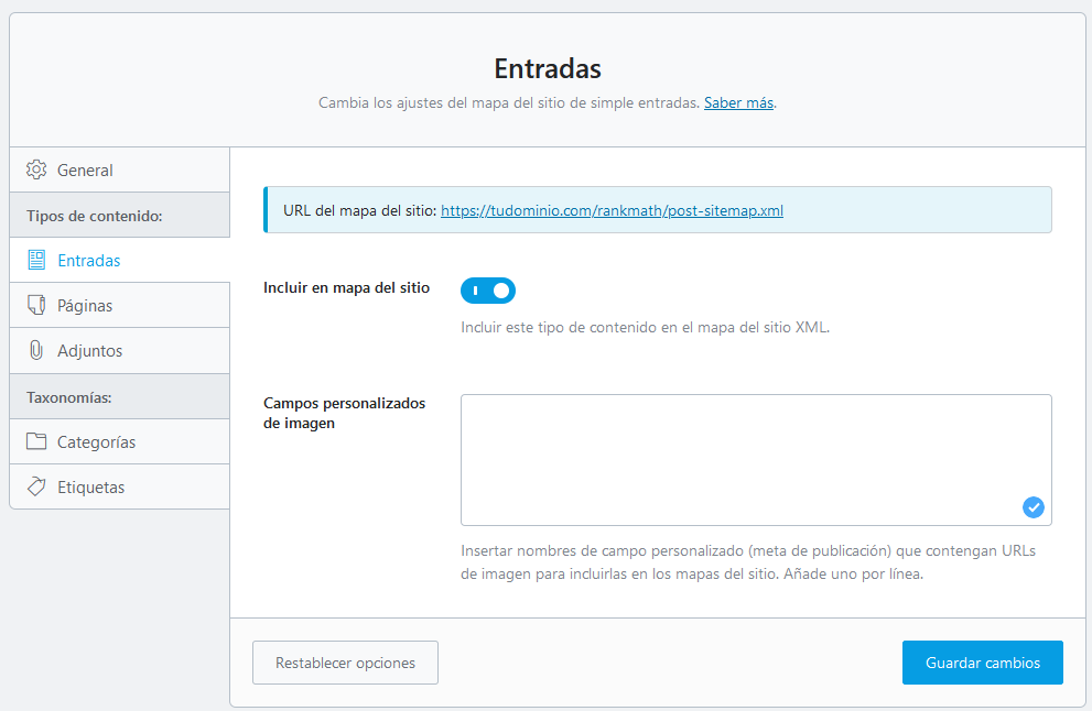 Ajustes del sitemap de Rank Math en las entradas y páginas de WordPress